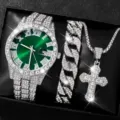 Montre strass Hip Hop avec bracelet chaine cubaine collier croix ensemble bijoux homme - Ensemble Montre Collier Cadran Vert Or