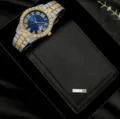 Ensemble montre et portefeuille pour homme cadran bleu lunette diamant coffret cadeau - Ensemble Montre Portefeuille Boîte Cadran Bleu