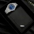 Coffret cadeau montre homme de luxe et portefeuille avec lunette strass et cadran bleu. - Ensemble Montre Portefeuille Coffret Cadeau Bleu
