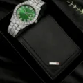 Coffret cadeau montre glacée hip-hop et portefeuille noir avec cadran vert pour hommes. - Ensemble Montre Portefeuille Boîte Cadran Vert