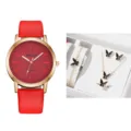 Orologio al quarzo con cinturino in pelle rossa e set regalo di gioielli con farfalle - Set Confezione Regalo Orologio e Gioielli(18) / Con Confezione Regalo / Rosso
