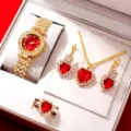 Lusso donna strass orologio collana orecchini anello cuore rosso gioielli set - Orologio con gemma a cuore rosso e numeri romani (A1) / Set da 4 Pezzi (Senza Scatola) / Oro