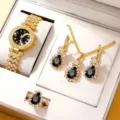 Lusso oro cristallo orologio collana orecchini anello set di gioielli per donna chic - Orologio con gemma a goccia nera e numeri romani (A2) / Set da 4 Pezzi (Senza Scatola) / Oro