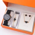Elegant women watch and black heart jewelry set, including necklace, bracelet and earrings. - Black Heart Jewelry Set / Four-Piece Set