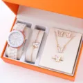 Luxury white butterfly watch necklace bracelet earrings ring gift jewelry set detail - White Butterfly Jewelry Set / Five-Piece Set