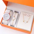 Elegant women quartz watch set with cute white heart necklace bracelet and lovely earrings. - White Heart Jewelry Set / Four-Piece Set