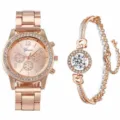 Set orologio al quarzo oro rosa e bracciale con cristalli donna, gioielli eleganti. - Set di 2 / Oro Rosa + Braccialetto