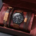 Coffret cadeau montre quartz homme avec bracelets tressés en cuir multiples et élégants. - Style 10 Ensemble Montre et Bracelet (Sans Boîte Cadeau)
