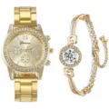 Orologio al quarzo dorato e set di bracciali di lusso in strass da donna, elegante orologio. - Set di 2 / Oro + Braccialetto