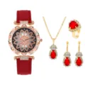 Orologio al quarzo da donna e set di gioielli in cristallo rosso collana anello orecchini. - Orologio Quadrante Fiore Cinturino Rosso con Set Gioielli con Gemma Rossa (9)