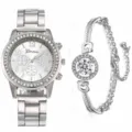 Set orologio al quarzo argento e bracciale coordinato con cristalli per donna, elegante. - Set di 2 / Argento + Braccialetto