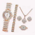 Donna lusso strass orologio quarzo set gioielli, oro rosa bracciale collana anello orecchini. - Set di Gioielli Orologio 5 Pezzi (Senza Scatola) / Oro rosa