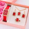 Set gioielli orologio strass rosso donna, orologio quarzo quadrato collana orecchini anello. - Cinturino Rosso Set Gioielli Orologio Gemma Rossa con Rosa (A2) / Set di Gioielli (Senza Scatola)