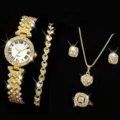 Set orologio al quarzo e gioielli di lusso in strass da donna, elegante regalo dorato. - Set di Gioielli Orologio 5 Pezzi (Senza Scatola) / Oro