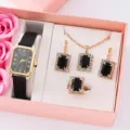 Elegante set regalo orologio quarzo donna quadrato e gioielli cristallo nero strass scatola. - Cinturino Nero Set Gioielli Orologio Gemma Nera con Rosa (A3) / Set di Gioielli (Senza Scatola)