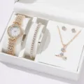 Vista dettagliata set regalo donna orologio quarzo strass bracciale collana anello. - Set Gioielli 5 Pezzi / Oro