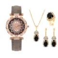 Elegante set di orologio al quarzo da donna e gioielli con collana anello orecchini moda - Orologio Quadrante Fiore Cinturino Grigio con Set Gioielli (4)