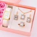 Set di gioielli da donna di lusso con orologio quadrato in strass, collana, orecchini e anello. - Set di Gioielli con Strass Quadrati (A4) / Set Gioielli (Senza Scatola) / Bianco