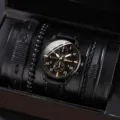 Vue detaillee de la montre quartz noire homme et de ensemble de bracelets en cuir. - Style 4 Ensemble Montre et Bracelet (Sans Boîte Cadeau)