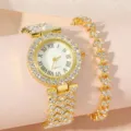 Squisito orologio donna al quarzo e bracciale cuore con strass, dettaglio elegante. - Set Orologio a Bracciale / Oro
