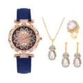 Elegante set di gioielli con orologio al quarzo cinturino blu, collana e anello di cristallo. - Orologio Quadrante Fiore Cinturino Blu con Set Gioielli (3)