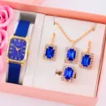 Orologio con cinturino in pelle blu e set di gioielli in cristallo con collana orecchini - Set di Gioielli con Strass Quadrati (A5) / Set Gioielli (Senza Scatola) / Blu