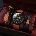 Gros plan detail d'un coffret cadeau montre quartz homme et bracelet cuir tresse box. - Style 3 Ensemble Montre et Bracelet (Sans Boîte Cadeau)