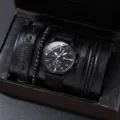 Vue détaillée de la montre quartz pour homme et du lot de bracelets en cuir noir élégant. - Style 2 Ensemble Montre et Bracelet (Sans Boîte Cadeau)