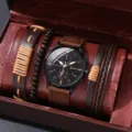 Montre quartz homme bracelet cuir ensemble cadeau, accessoire mode bracelet toile marron. - Style 1 Ensemble Montre et Bracelet (Sans Boîte Cadeau)