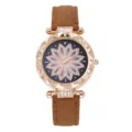 Orologio da polso donna strass moda con cinturino in pelle marrone e quadrante floreale. - Orologio Singolo Stile Fiore Strass (3) / Cassa Oro Rosa Cinturino Marrone Quadrante a Fiore