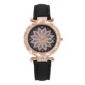 Orologio al quarzo da donna con quadrante a fiore in strass e cinturino, bel dettaglio. - Orologio Singolo Stile Fiore Strass (2) / Cassa Oro Rosa Cinturino Nero Quadrante a Fiore
