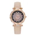 Orologio da donna al quarzo con strass quadrante floreale elegante e cinturino beige. - Orologio Singolo Stile Fiore Strass (1) / Cassa Oro Rosa Cinturino Beige Quadrante a Fiore