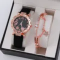 Set orologio e bracciale da donna confezione regalo cinturino in pelle nera quadrante stellato - Stile 12+ Set Gioielli (Senza Confezione Regalo) (5555011087240)