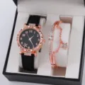 Set orologio e bracciale donna, orologio quarzo quadrante nero oro rosa con bracciale ciondolo stella. - Set Tipo 12