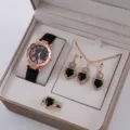 Set di 5 pezzi orologio collana orecchini anello da donna con cristalli a cuore nero. - Stile 4+ Set Gioielli (Senza Confezione Regalo) (5555011087232)