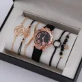 Set orologio e bracciali donna 5 pezzi cinturino pelle nera quadrante stellato confezione regalo - Stile 1+ Set Gioielli (Senza Confezione Regalo) (5555011087229)
