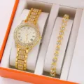 Donna elegante orologio quarzo strass oro e bracciale cuore set lusso scatola regalo - Prezzo Diretto di Fabbrica / Set da 2 pezzi (incluso bracciale a cuore) / Oro