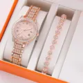 Orologio al quarzo con strass in oro rosa da donna e bracciale abbinato set regalo di gioielli - Prezzo Diretto di Fabbrica / Set da 2 pezzi (incluso bracciale con strass) / Oro rosa