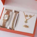 Set regalo di gioielli da donna con orologio braccialetto collana orecchini anello color oro - Set Orologio al Quarzo e Gioielli 5 Pezzi (11) / Oro