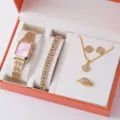 Set di orologio e gioielli di lusso da donna con collana, orecchini, bracciale e anello in strass. - Set Orologio al Quarzo e Gioielli 5 Pezzi (12) / Cassa Oro Quadrante Rosa