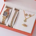 Lusso donne oro orologio braccialetto collana orecchini anello set di gioielli - Taglia unica / Set di gioielli 5 pezzi con quadrante dorato rettangolare (13) / Oro