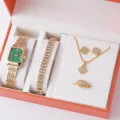Orologio al quarzo da donna verde e set regalo gioielli con strass collana bracciale. - Taglia unica / Set di gioielli 5 pezzi con quadrante verde scuro rettangolare (14) / Oro