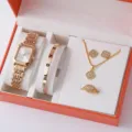 Set di gioielli da donna orologio al quarzo bracciale collana orecchini anello - Taglia unica / Set di gioielli 5 pezzi decoro quadrifoglio (21) / Oro