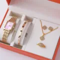 Set regalo orologio e gioielli dorati da donna con elegante orologio al quarzo e accessori. - Taglia unica / Set di gioielli 5 pezzi con quadrante rosa rettangolare (22) / Oro