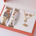 Set regalo orologio donna quarzo oro e gioielli quadri trifoglio moda accessori chic - Taglia unica / Set di gioielli 5 pezzi decoro quadrifoglio (23) / Oro