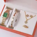 Donna moda quadrante verde orologio al quarzo lusso bracciale collana orecchini anello set regalo - Taglia unica / Set di gioielli 5 pezzi con quadrante verde scuro rettangolare (24) / Oro