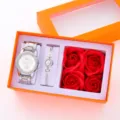 Set orologio donna con bracciale e rose artificiali rosse in confezione regalo. - Orologio + Bracciale 1 (Con Scatola) / Argento