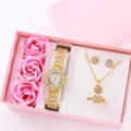 Set regalo di orologio al quarzo con strass e gioielli di lusso con scatola rosa. - Con Bracciale Stile 2 / Senza Confezione Regalo / Oro