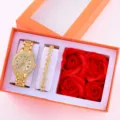 Set di orologi da donna in strass di lusso con braccialetto a cuore e scatola regalo di rose rosse. - Con Bracciale 2 / Senza Confezione Regalo / Oro