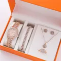 Lusso set regalo gioielli donna 5 pezzi orologio bracciale collana orecchini anello - Set 5 Pezzi Quadrato Oro Rosa (Senza Scatola)